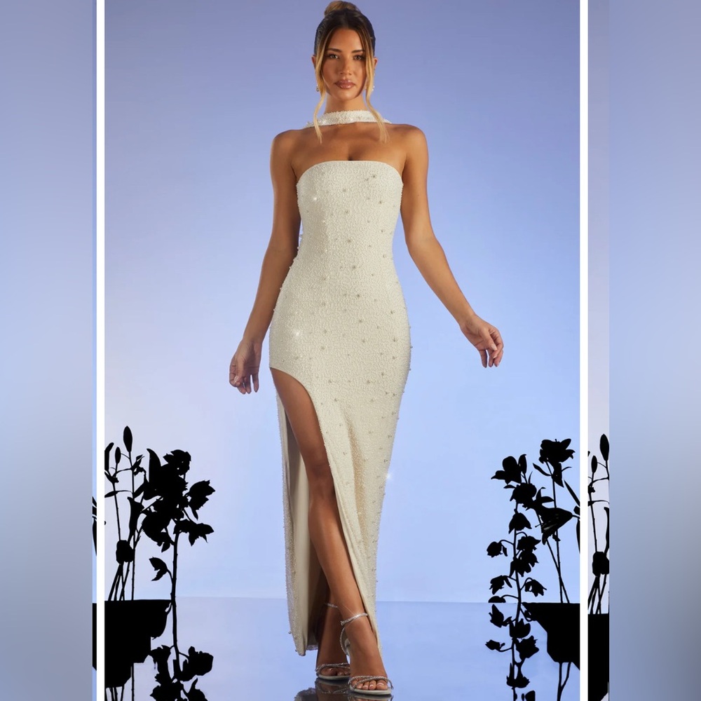 Oh Polly Cream Strapless Sheath Gown